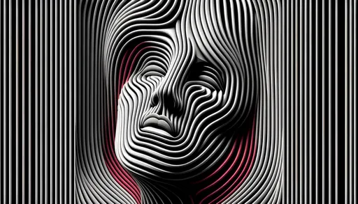 Prompt: A 3D vector artwork that mimics the style and colors of the original image, showcasing the figure with defined facial features. The undulating vertical stripes, alternating between the original stark blacks and soft grays, envelop the design. The crimson bursts from the original palette accentuate the depth, emphasizing the hypnotic and elusive ambiance.