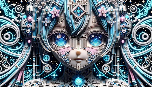 Prompt: Macro photo capturing the intricate details of an anime android robot girl, her eyes mirroring the cosmos, set against a backdrop of celestial wonders, adorned with neon art nouveau patterns, shimmering in light blue and silver, exemplifying the fusion of pixelated realism and futuristic precision in wide ratio