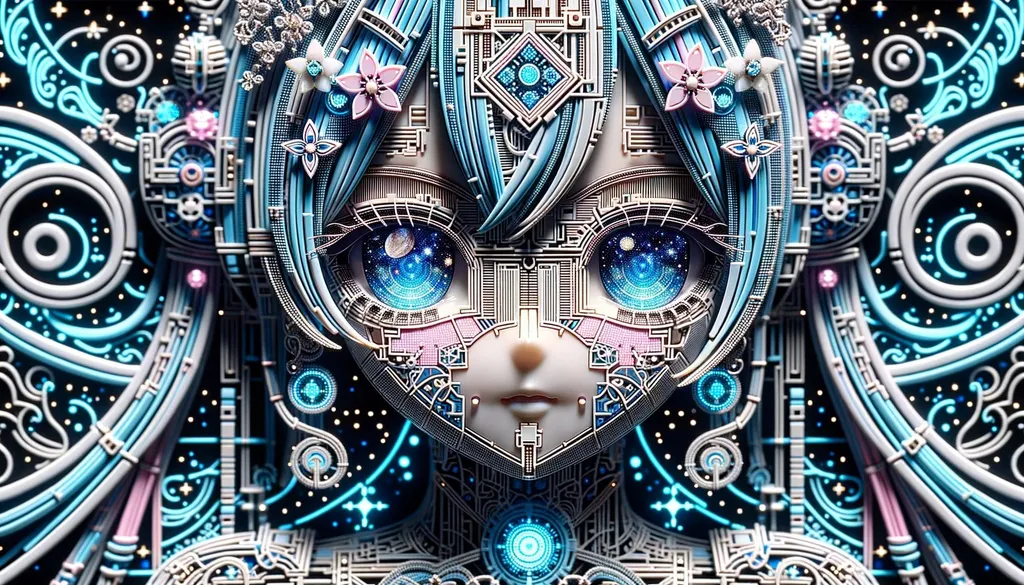 Prompt: Macro photo capturing the intricate details of an anime android robot girl, her eyes mirroring the cosmos, set against a backdrop of celestial wonders, adorned with neon art nouveau patterns, shimmering in light blue and silver, exemplifying the fusion of pixelated realism and futuristic precision in wide ratio