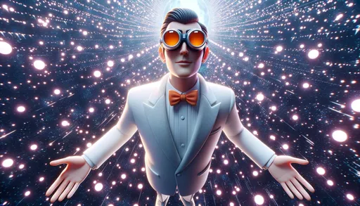 Prompt: In a wide celestial expanse, a 3D animated protagonist with prominent orange goggles is seen floating. Clothed in a clean white suit with a matching bowtie, he is encircled by tiny glowing pink spheres. His arms are extended, appearing to invite or beckon.