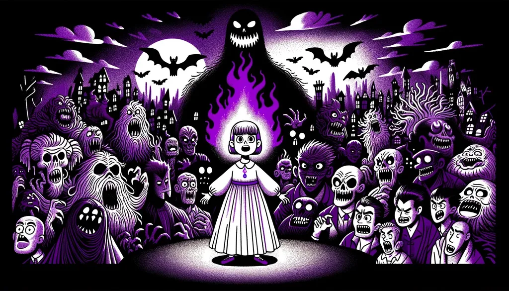 Prompt: Wide image of a girl with a purple dress standing amidst a spooky Halloween setting, her face aglow with a purple flame, surrounded by chilling creatures. The image is drawn with bold, cartoonish lines, emphasizing the gigantic scale of the scene.