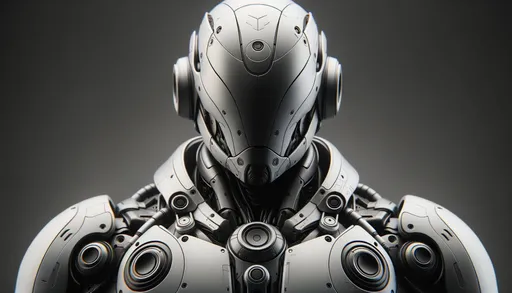 Prompt: An artistic macro photo of a futuristic robot with humanoid features, highlighting the textures and contours of its monochromatic, sleek design. The headgear and chest emblem are prominent, set against a gray background to underscore the sophisticated technology.