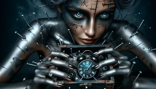 Prompt: A raw photo that brings out a different emotion, where the woman's eyes reflect the stories told by the black box with its metal nails and the enigmatic clock. The scene is drenched in deeper hues of dark silver, with bursts of aquamarine, and her body art looks like a map to another realm.