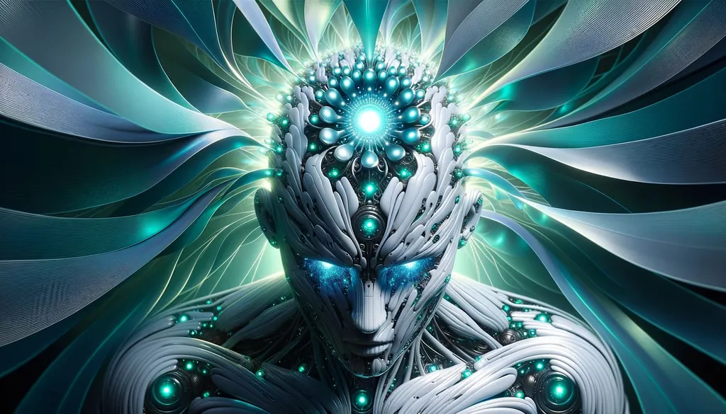 Prompt: Ultra HD wide portrayal of a human figure, its head a beacon of blue lights. The design is a testament to futurist mechanics, harmoniously fused with solarpunk greenery. The colors of light silver and teal dance in the scene, reminiscent of the unique style of les automatistes.