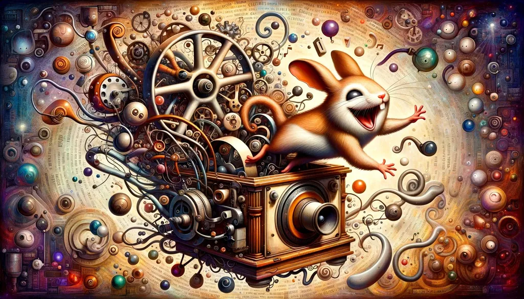 Prompt: Artistic depiction of an animated critter joyfully leaping out of a vintage apparatus, complemented by curious and cryptic textual cues that spark curiosity.