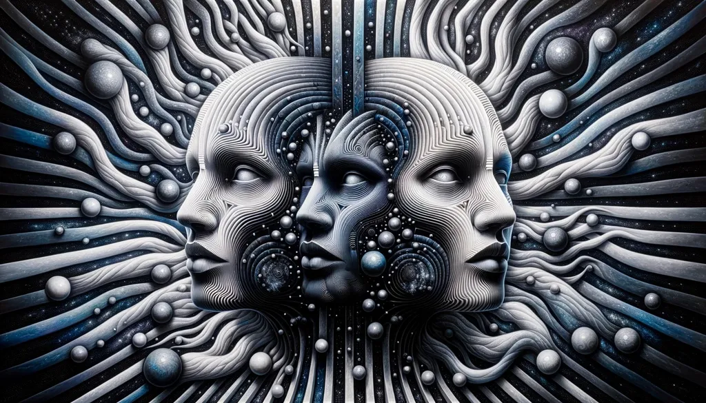 Prompt: Oil painting illustrating double faces set against a black and white striped background, where the intricate play of projection mapping fuses with elements of afrofuturism. Surrounding mind-bending sculptures shimmer in light silver and indigo hues. This artistic representation, reminiscent of a video installation, showcases details rendered in the style of the Unreal Engine, with a selective focus on key elements.