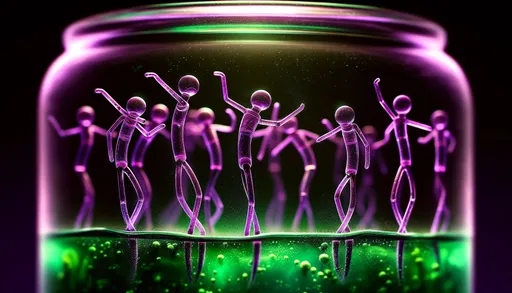 Prompt: Macro photography style image of dancing stickmen made out of transparent purple glass tubes filled with green glowing liquid, with extreme close-up detail, depth of field, and natural lighting, in wide ratio
