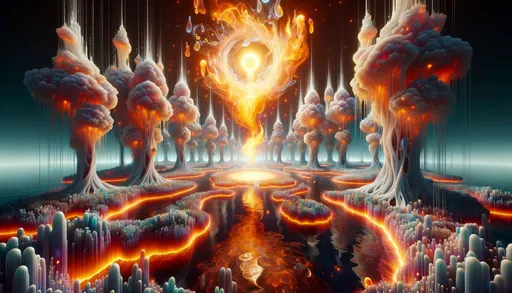 Prompt: 3D visualization of a surreal wetland, inhabited by radiant beings that emerge, their core merging the elements of flames and liquid. This world blends transcendent allure with a sense of intrigue and marvel.