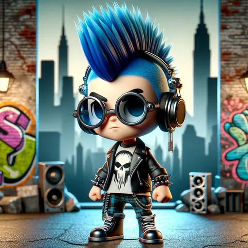 Prompt: Create a 3D render of a chibi-style character with a vibrant blue mohawk, oversized goggles, and headphones, wearing punk-inspired attire. The character should appear confident against a 3D-rendered urban graffiti backdrop with silhouettes of city buildings and street elements.