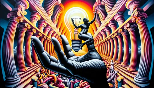 Prompt: Wide illusionary spray paint artwork capturing a black individual holding a radiant light bulb. The vibrant scene emphasizes the joints and connections, set against an exaggerated backdrop filled with neo-classical forms and poolcore aesthetics.