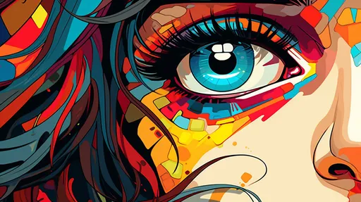 Prompt: A macro photography style image of a caricature-like cartoon girl with large, expressive eyes featuring various colors. The style should mimic psychedelic rock, with vibrant, colorful details, resembling a close-up macro photograph. The image echoes the artistic influence of Thomas Nast and iconic album covers, in a wide ratio format, with emphasis on detailed textures and photographic realism.