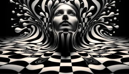 Prompt: An artistic raw photo of a girl with a checkerboard pattern rising from a checkerboard patterned liquid. The wide ratio image should have an artistic flair, with emphasis on the dramatic interplay of light and shadow over the patterns.