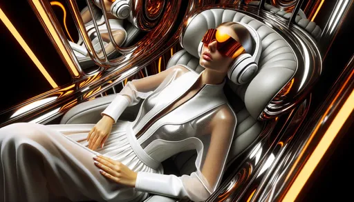 Prompt: The image features a woman in futuristic attire, donning white headphones and mirrored orange visor-style sunglasses. She reclines in a state-of-the-art chair, surrounded by sleek, flowing lines and reflections of amber and chrome, suggesting an advanced, perhaps space-bound, setting.