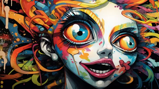 Prompt: A macro photography style image of a caricature-like cartoon girl with large, expressive eyes featuring various colors. The style should mimic psychedelic rock, with vibrant, colorful details, resembling a close-up macro photograph. The image echoes the artistic influence of Thomas Nast and iconic album covers, in a wide ratio format, with emphasis on detailed textures and photographic realism.