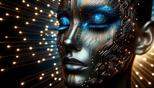 Prompt: Wide image showcasing a visage, intricately decorated with blue electronic patterns, set dramatically against a deep background. Streams of gold light illuminate the metallic texture of the skin, emphasizing the dazzling blue eyeshadow.
