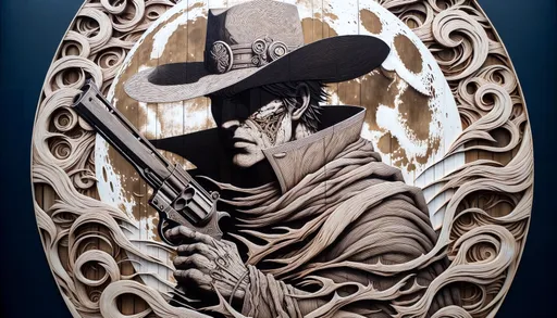 Prompt: a mural and drawings of a dark cowboy in the face of the moon, in the style of intricate woodwork, rendered in cinema4d, use of paper, haunting shadows, pop-culture-infused, manga-influenced, sculpted in wide ratio