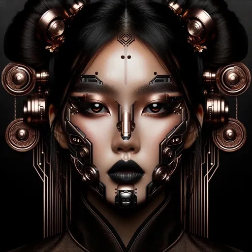 Prompt: High-quality image of a girl, her face adorned with futuristic makeup that hints at robotics. The composition is symmetrical, and the design elements draw inspiration from Asian aesthetics. The colors, dark bronze and black, enhance the overall ambiance.