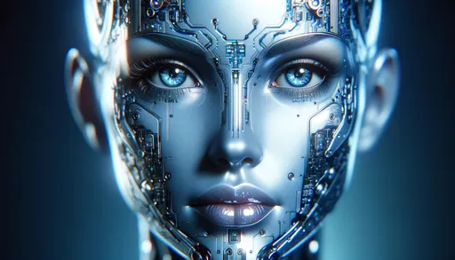 Prompt: Macro photo focusing on the detailed features of a female android's face, emphasizing the intricate circuitry, metallic components, and the shimmer of her lips, all illuminated in a soft blue hue in wide format