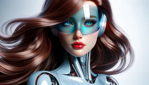 Prompt: Photo of a state-of-the-art android with characteristics resembling a human. Her body shines with a metallic sheen in refreshing blue hues, contrasted by her flowing auburn hair. While a visor partly hides her face, her tranquil blue eyes and vibrant red lips convey a mysterious demeanor.