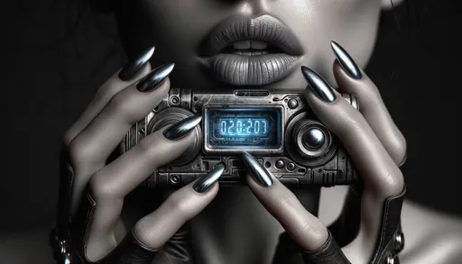 Prompt: A raw photo that delves into a deeper realism, capturing lips that seem to tell a story of time, and a device that appears as if it's a relic of a future era. The hands, with nails showcasing advanced artistry, grip the device which gleams and emits an even brighter blue radiance.