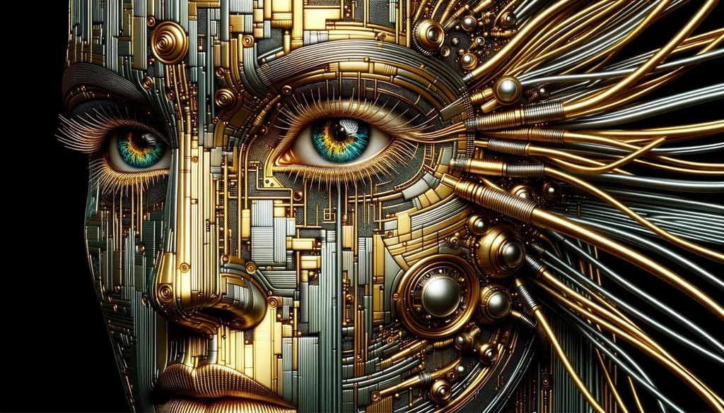 Prompt: the face of a woman in gold with lots of wires, in the style of photorealistic eye, metallic rectangles, futuristic robots, uhd image, paint dripping technique, futuristic victorian, dark cyan and yellow