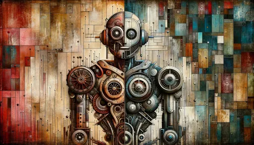 Prompt: In a panoramic view, depict an old-world robot, intricately designed with a blend of rusty metals and sleek, modern elements. The background should complement this with muted, vintage colors juxtaposed against bright, contemporary hues, showcasing the harmony of past and future.