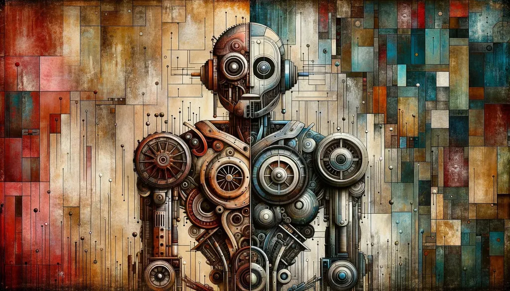 Prompt: In a panoramic view, depict an old-world robot, intricately designed with a blend of rusty metals and sleek, modern elements. The background should complement this with muted, vintage colors juxtaposed against bright, contemporary hues, showcasing the harmony of past and future.