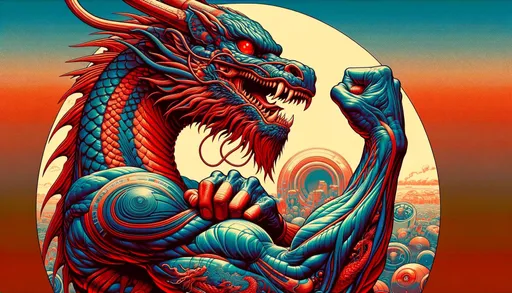 Prompt: A macro photo-style illustration of a dragon person, capturing elements of Japanese art influence, retro-futuristic propaganda, and 19th century American art. The image should feature high-contrast realism, odd juxtapositions, and have crimson and azure tones. It should critique consumer culture and be in a wide ratio, appearing as a close-up, highly detailed macro photograph.