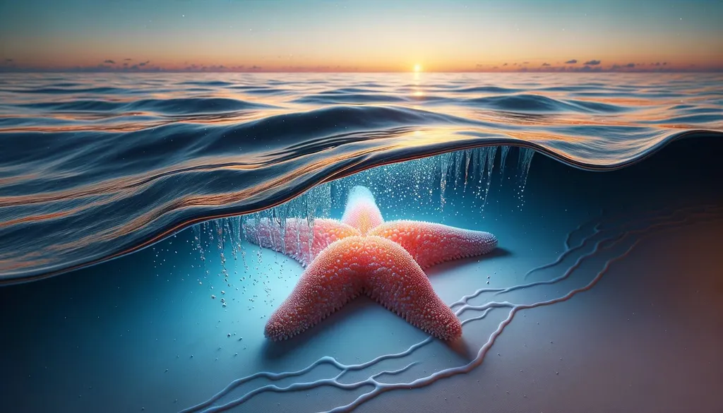 Prompt: 3D render of a picturesque beach scene, where a radiant starfish is partially submerged in gentle waves. As the lower half touches the water, it seems to fragment into a plethora of tiny particles. Above, a peculiar distortion in the water provides a vantage point to a horizon illuminated by the soft glow of evening, with faint silhouettes in the distance.