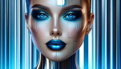 Prompt: Imagine a wide portrait of a woman with natural skin tones and realistic facial features. She has captivating blue eyes, intense blue eyeshadow, and deep blue lipstick. Her face is intricately overlaid with vertical reflective metallic bars and horizontal flat bands, merging the two reference styles. The composition is bathed in a futuristic blue neon glow, casting a metallic sheen on her skin, as if it's reflecting the vibrant light. The image should depict a harmonious fusion of realism with digital or cybernetic aesthetics, embodying a striking balance between the two.