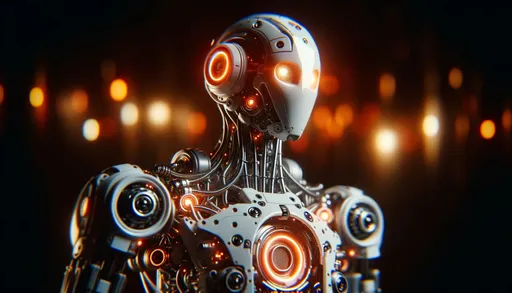 Prompt: An artistic raw photo of a robot characterized by its sleek white design and neon-orange glows. The image artistically blurs certain elements while keeping the intricate details of lights and tubes in sharp focus, creating a mysterious and intelligent ambiance.