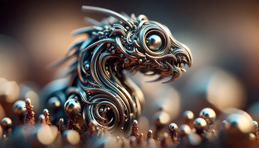 Prompt: An artistic macro photo with a stylized focus on a metallic creature in its natural setting, where the image composition artistically enhances the fusion of organic and metallic characteristics of the creature, making it appear both as a part of nature and a piece of art.