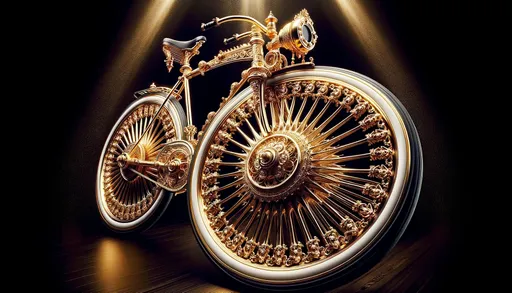 Prompt: Wide image showcasing a luxurious bicycle, radiating with elaborate gold detailing, set against a deep, contrasting backdrop. Every part, from its grand wheels to its finely crafted frame, screams richness and craftsmanship, marking it as an icon of design.