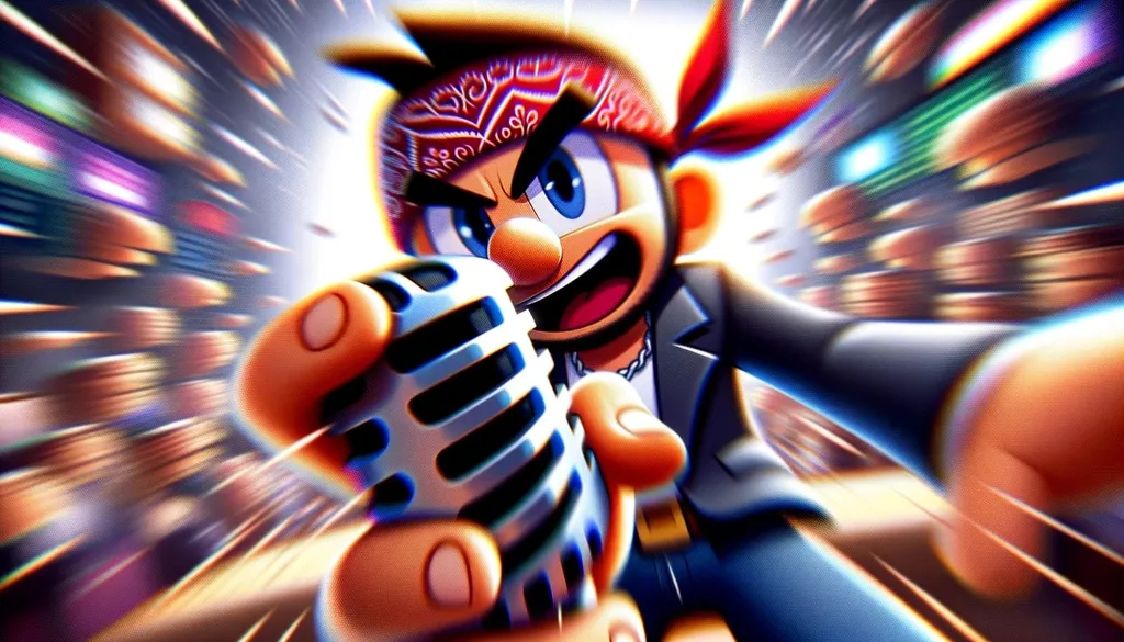 Prompt: Screenshot-styled artwork of a cartoon man in a bandana, holding a microphone. The image is crafted with PS1 graphic textures, and the perspective is artfully distorted. Blurred elements and crystalcore aesthetics merge seamlessly, presenting a congruent visual experience.