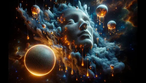 Prompt: 3D render of a vast cosmic realm where human faces form constellations in the night sky. These faces are deeply immersed in a nebulous cloud, with radiant liquid amber stars dripping from them. Large checkerboard-patterned planets with intricate details orbit around these constellations, making the entire scene look mesmerizing and otherworldly.