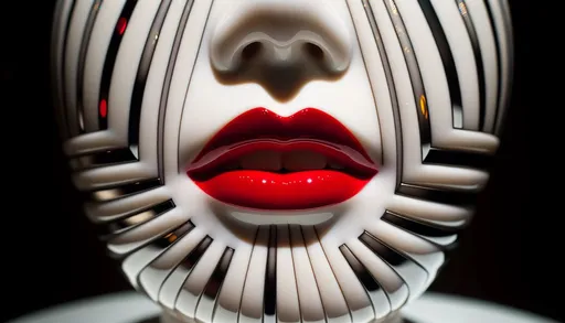Prompt: In a wide frame, illustrate a face crafted from fine white porcelain, embellished with reflective black and white horizontal stripes. The radiant red lips stand out, slightly open, revealing a hint of the teeth within. The porcelain's smooth texture captures the ambient light, enhancing its elegance.