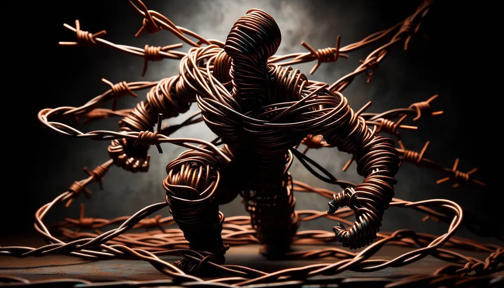 Prompt: artistic raw photo style of a barbwire copper human figurine, with dramatic lighting, shadow play, and a creatively arranged background to enhance the artistic feel, focusing on the intricate details and textures