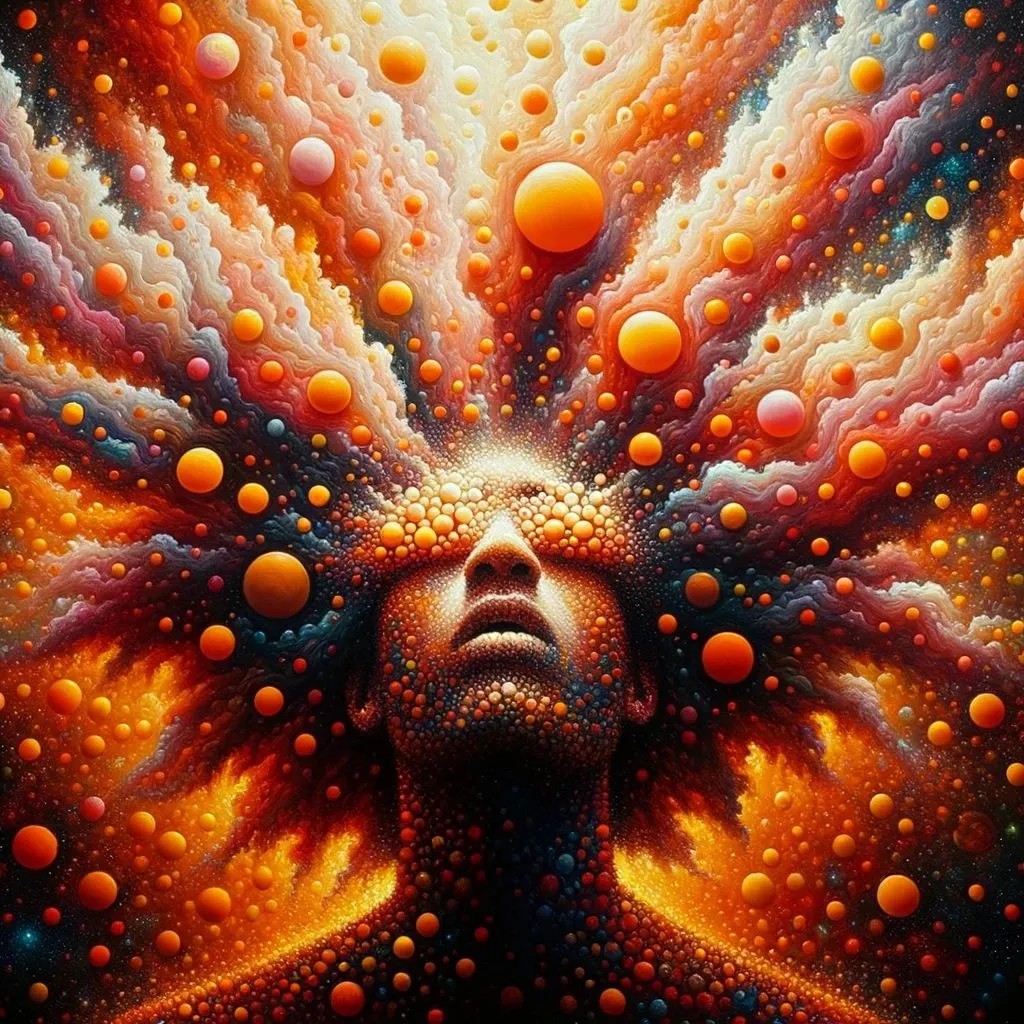 Prompt: oil painting of a person with thick afro hair, lost in a realm of psychedelic wonder, where orange hues merge with polka dots, and light battles with shadow for dominance.