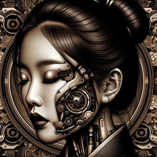Prompt: Artwork portraying a young lady, her face highlighted with makeup that integrates futuristic and robotic design cues. The scene is symmetrical, and elements of Asian art are evident. The hues of dark bronze and black give the image a rich depth.