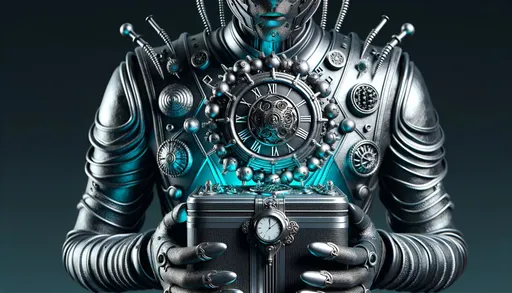 Prompt: A 3D render of a woman holding a mysterious black box adorned with large metal nails and a clock. The style is reminiscent of zbrush and photobash, and the colors emphasize dark silver and aquamarine. The ambiance hints at camera lucida techniques, and the body art details are accentuated.