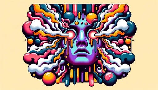 Prompt: Illustration in candycore theme showcasing a person's face with vibrant colors, smoke emanating from their eyes surrounded by an abstract environment, emphasizing emotion.