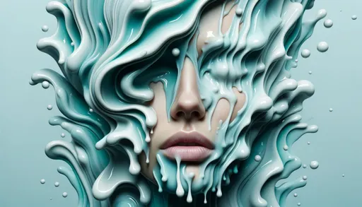 Prompt: A surreal portrait of a female face emerges from a fluid, aqueous background. The visage is melting and morphing, with droplets and wavy patterns replacing her hair and skin. The teal and soft blue hues dominate, punctuated by the stark realness of her lips and eyes.