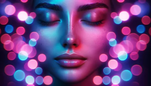 Prompt: A macro photo of a woman's face, emphasizing the serene expression and soft features under a kaleidoscope of neon lights in pink, blue, and purple.