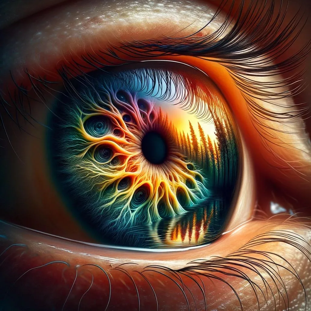 Prompt: Create an artistic macro photograph of an eye, capturing the vivid colors and intricate details with a creative twist. The tears should reflect a distorted, artistic interpretation of the eye, and the iris pattern should creatively echo the form of a forest around a glowing horizon.