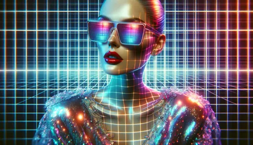 Prompt: Artistic photo render of a futuristic woman, capturing the essence of her radiant digital attire, expansive sunglasses, and vivid red lips. The backdrop mirrors a grid pattern which blends seamlessly with the glistening, iridescent details of her clothing. The image has a dreamy, surreal quality, showcasing the woman in a world where technology and art intertwine.