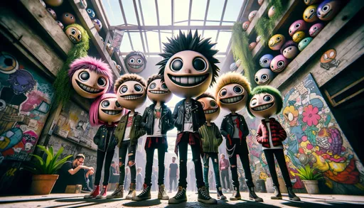 Prompt: A group of punk kids standing together, captured in a style resembling a raw, unedited photograph. The kids should have exaggerated, circle-shaped faces, reminiscent of characters from collectible card games or mobile games, giving a vibrant and playful vibe. The photographic style should convey realism, with natural lighting, shadows, and a depth of field like that of a camera lens. The background should include elements like urban graffiti, colorful plants, and whimsical, street-style art, all portrayed in a realistic photographic manner. The perspective should be from a low angle, looking upwards, to give a natural and spontaneous feel to the image, as if taken in a real urban setting.