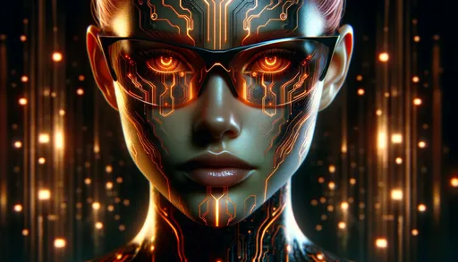 Prompt: Create a highly detailed, close-up portrait of a futuristic female figure with cybernetic enhancements. The image should feature striking contrasts with vibrant orange glowing elements on a dark background. The figure should have intricate circuit-like patterns running across the skin, glowing as if with internal light, and wear sleek, modern eyewear that also emits a soft orange glow. The ambiance is one of high-tech elegance and sophistication, with a focus on the glowing details that give a sense of advanced technology integrated with human features. The overall mood is intense and enigmatic, with a powerful presence.