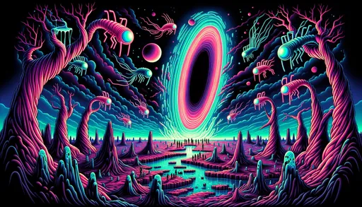 Prompt: illustration of neon creatures emerging from a portal in a desolate landscape