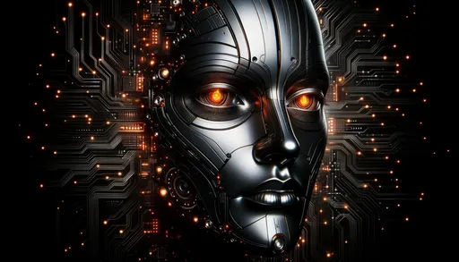 Prompt: Art piece of a woman with Caucasian descent, her refined cybernetic face accentuated with bright orange eyes, against a deep black canvas featuring sparkling tech circuits. The metal-clad face melds impeccably with the digital components, expressing an atmosphere of high-tech and mysticism.