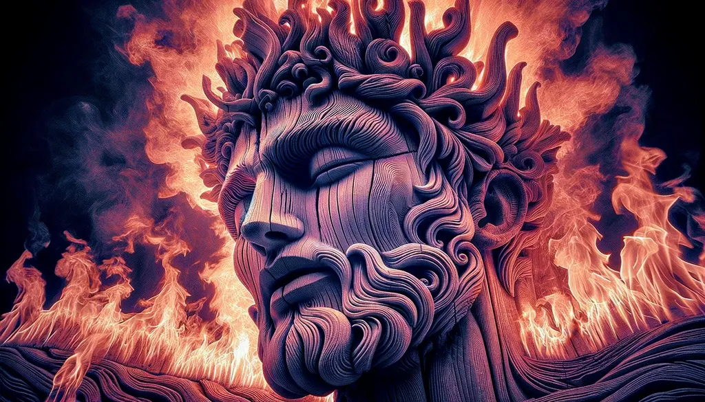 Prompt: infrared macro photo of a burning man made of wood, with intricate details of the flames and wood texture, emphasizing the grain and fiery patterns in a wide ratio